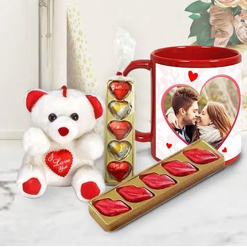 Marvelous Personalized Photo Mug Chocolates n Teddy Combo for Karwa Chauth