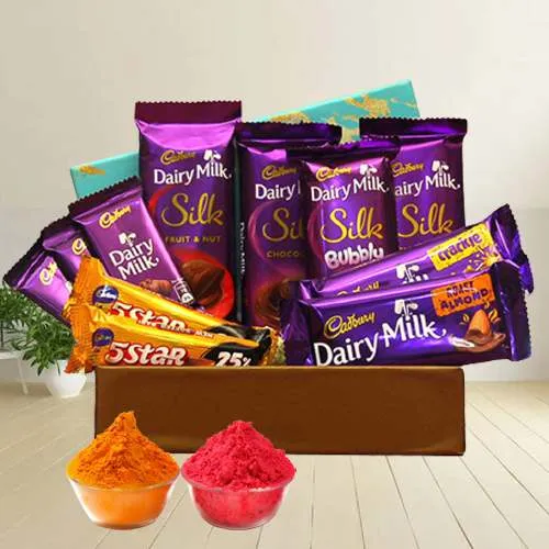 Pleasing Cadbury Chocolates Gift Box n Herbal Gulal for Holi