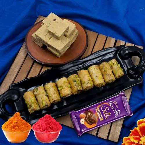 Sumptuous Kaju Bite with Baklawa and Cadbury Silk Chocolate Bar for Holi