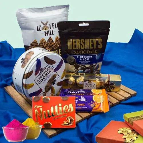 Tasty Assorted Chocolates Hamper with Free Gulal for Holi