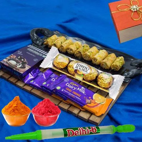 Fun Filled Gift of Baklawa Sweets N Chocolates with Pitchakari N Gulal