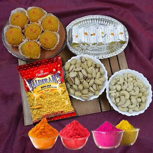 Ravishing Holi Sweets N Dry Fruits Hamper with Free Gulal