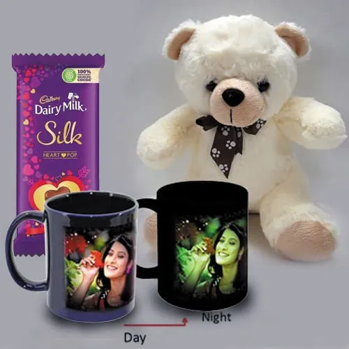 Wonderful Personalized Photo Radium Mug with Teddy n Heart Chocolates