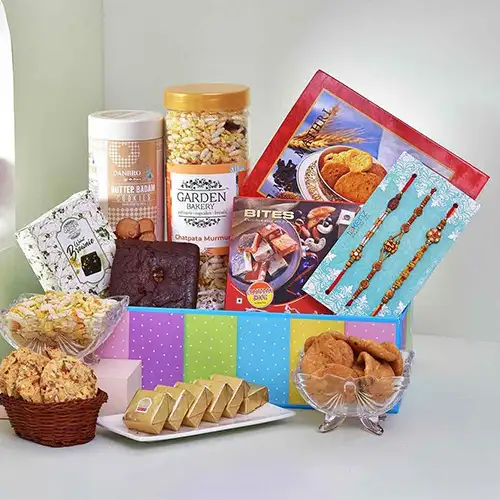 Classic Triple Rakhi n Munchies Hamper