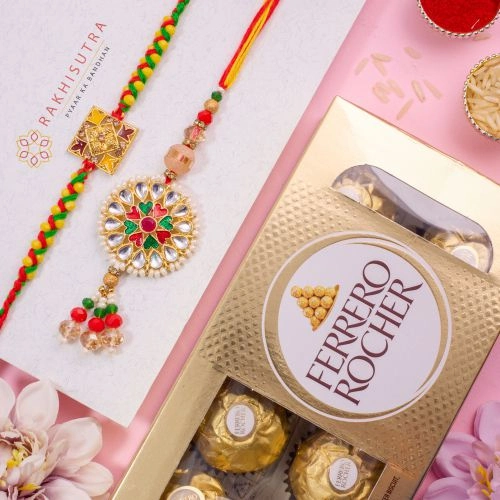 Designer Kundan Bhaiya Bhabhi Rakhi Set N Rocher Duo