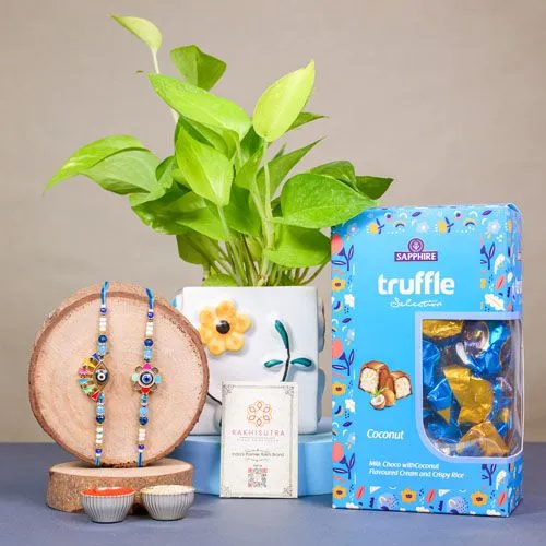 Whimsical Evil Eye Rakhi with Decadent Truffles and Potted Plant