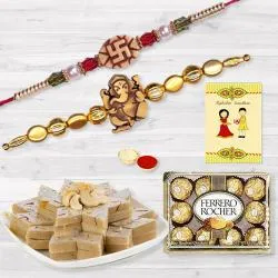 Designer Twin Rakhi Set with Kaju Katli n Ferrero Rocher