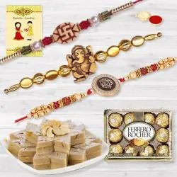 Ethnic Rakhi Set of 3 with Kaju Katli n Ferrero Rocher